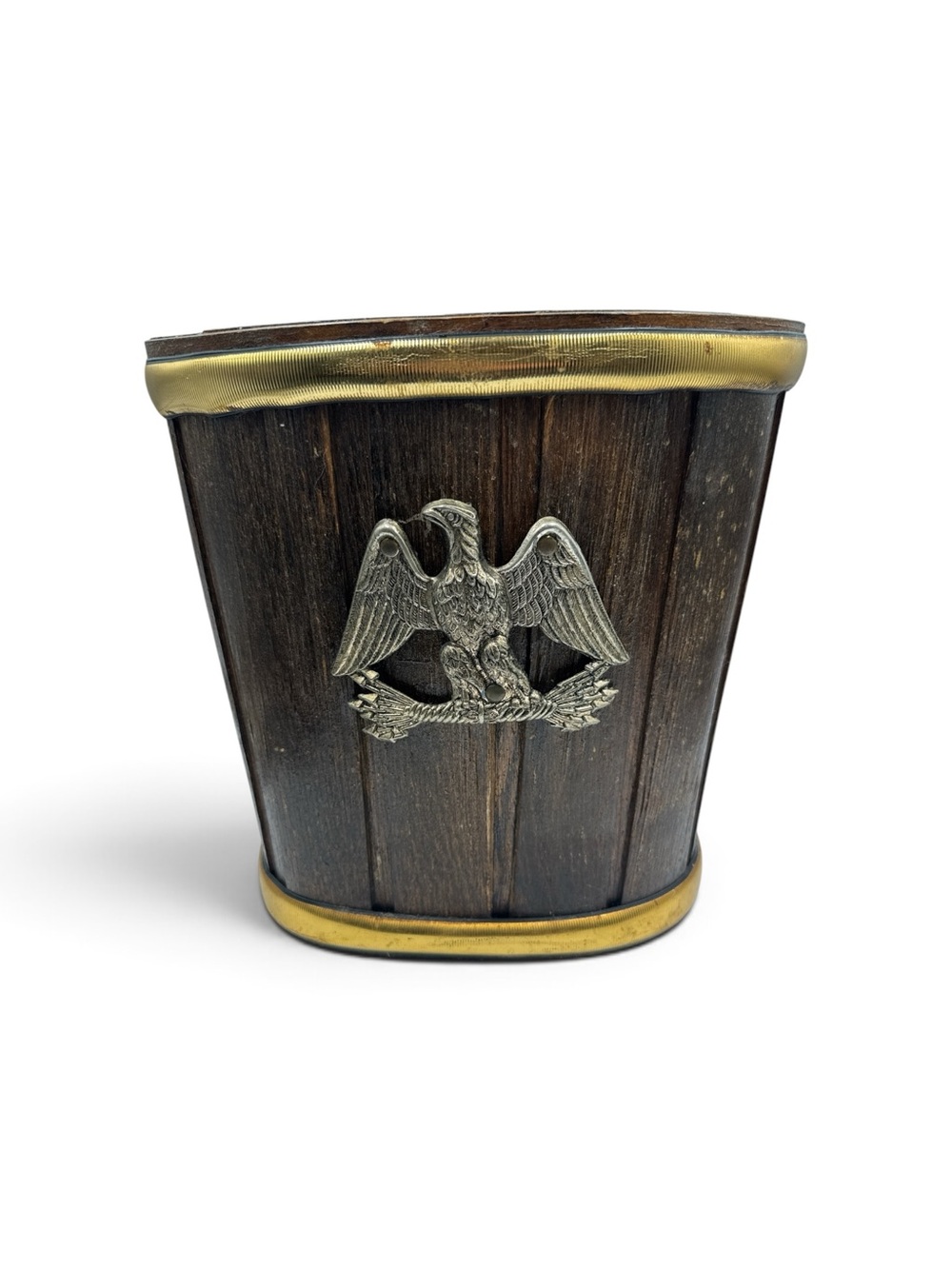 Vintage Putney Baskerville Vermont Wood Brass Eagle Wastebasket Americana
